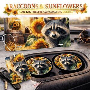 Sunflower Racoon Car Tag Car Freshie Car Coasters Gift Set Bundle